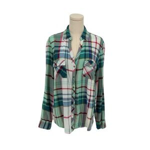 NEW YORK & COMPANY Womens Plaid Button Down Shirt Long Sleeve 100% Rayon XL